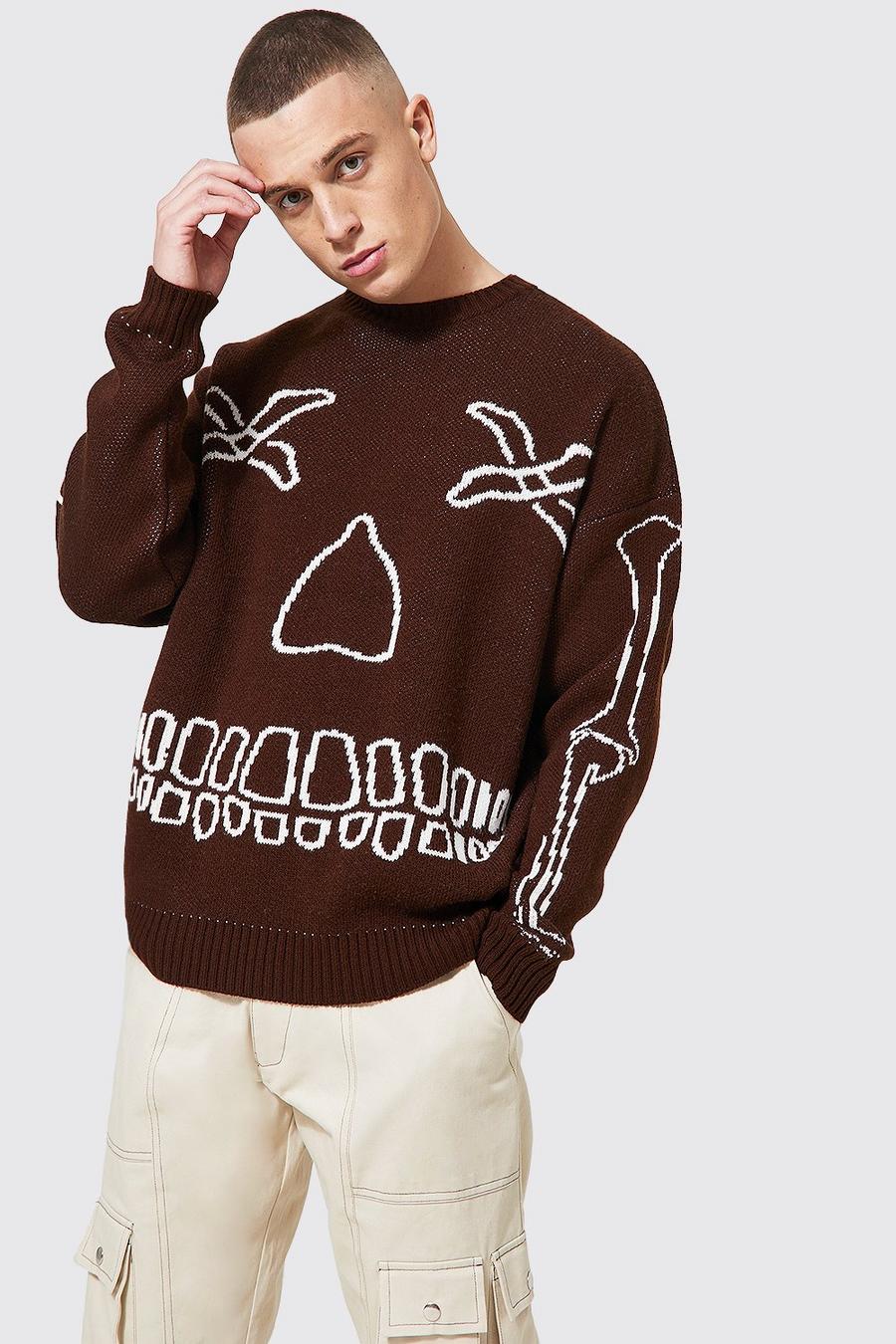 Chocolate brun Oversized Skeleton Embroidered Knitted Jumper