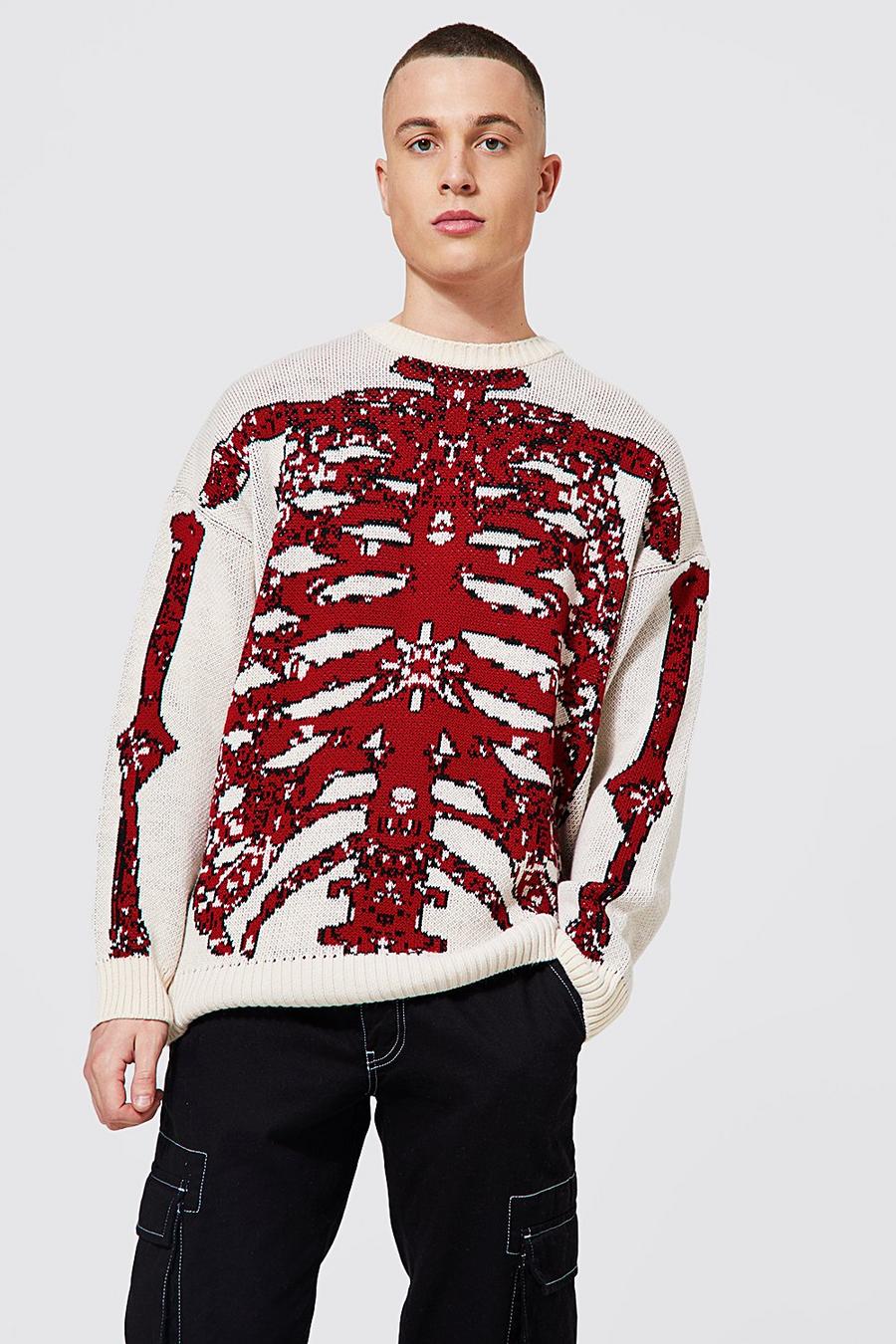 Oversize Pullover mit Skelett-Print, Cream weiß