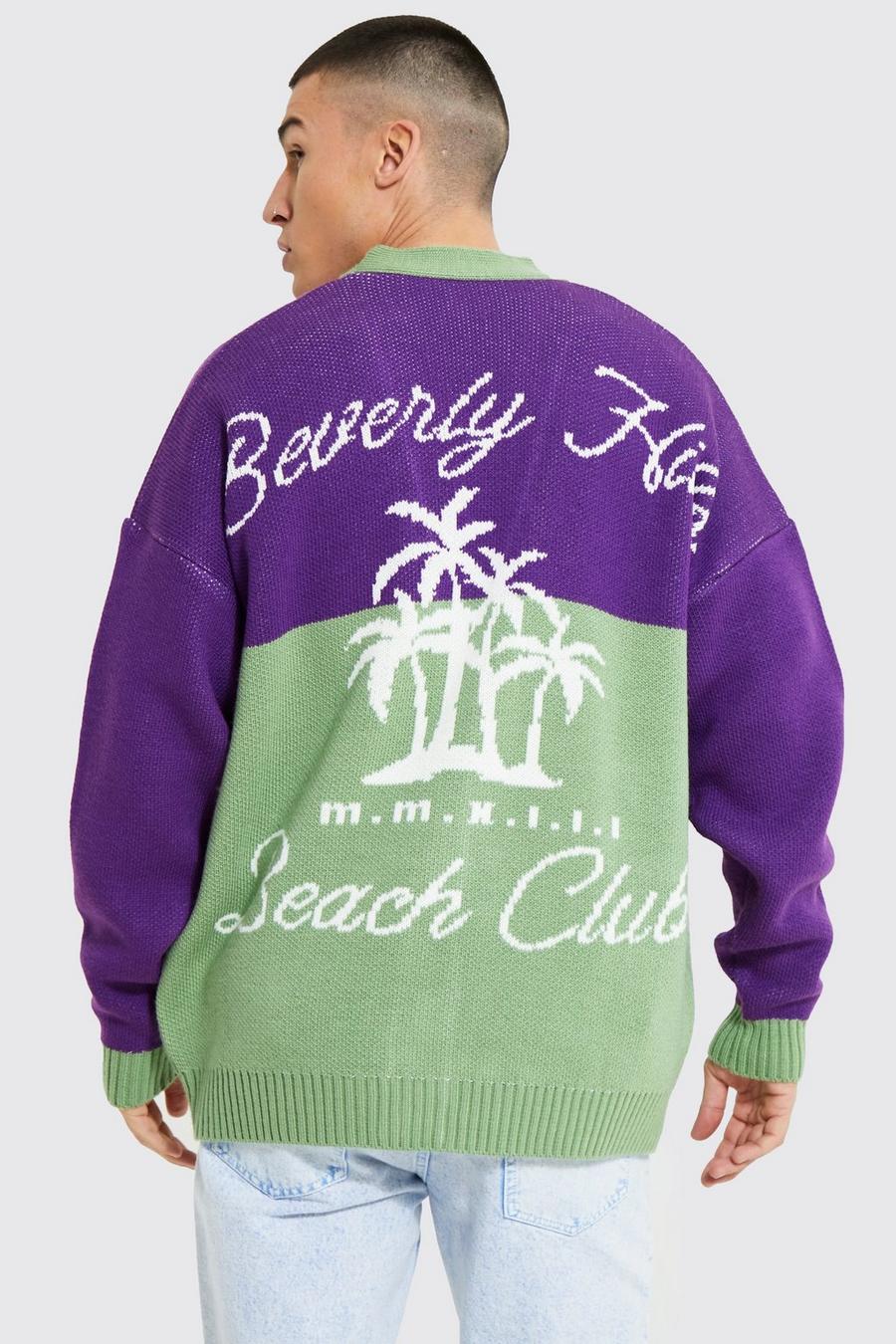 Purple Oversized Palm Springs Badge Knitted Cardigan image number 1
