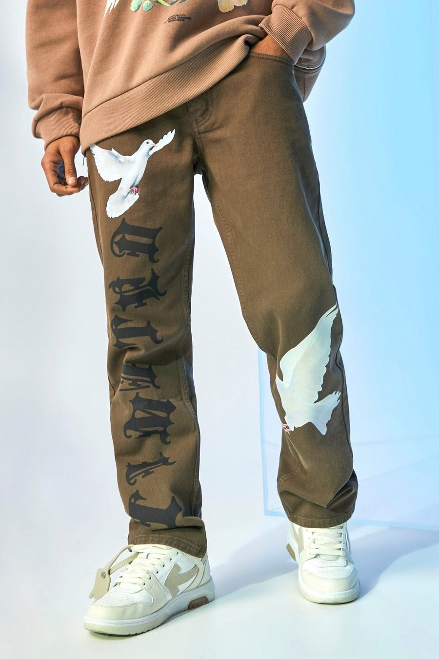 Brown Relaxed Fit Text Dove Print Jean image number 1