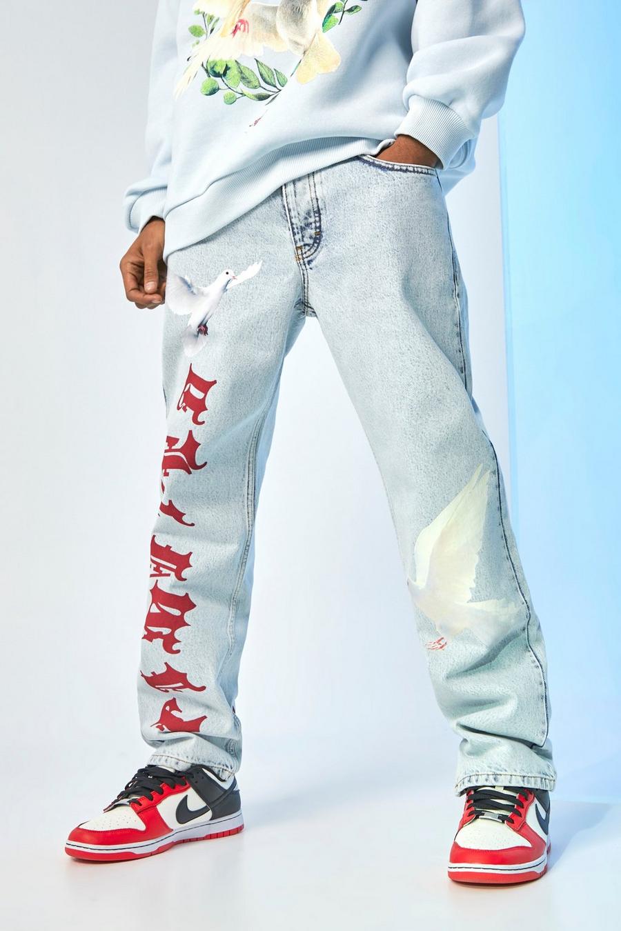Lockere Jeans mit Text-Print, Ice blue image number 1