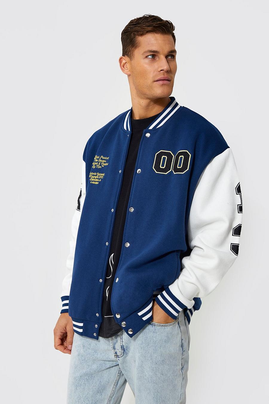 Navy Tall Jersey Varsity Bomber Jacket With Badges image number 1