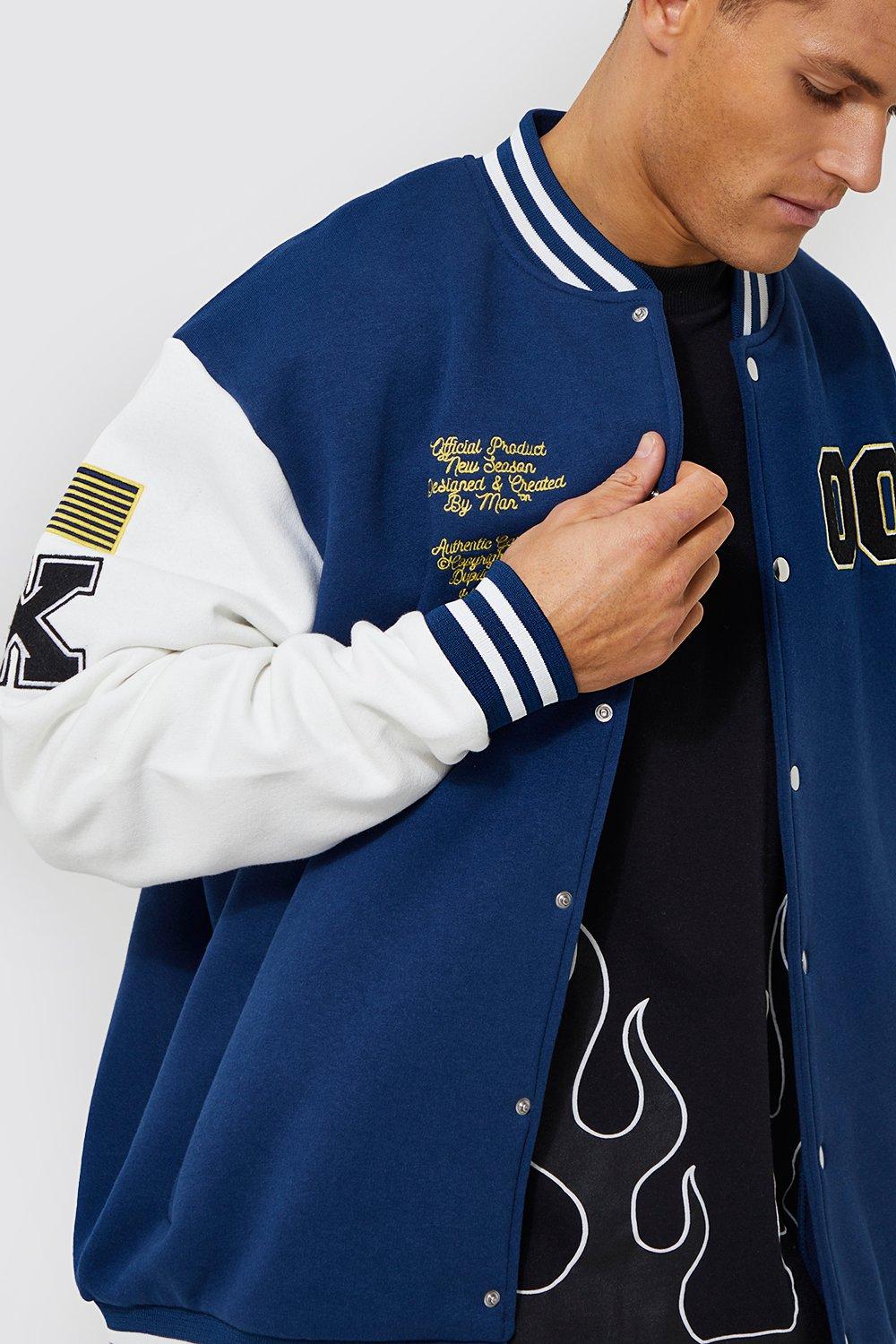 Navy varsity outlet bomber jacket