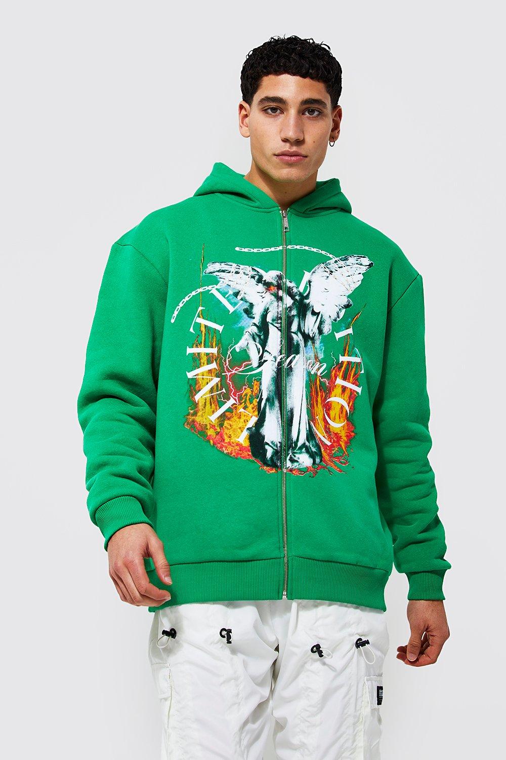 green graphic zip up hoodie