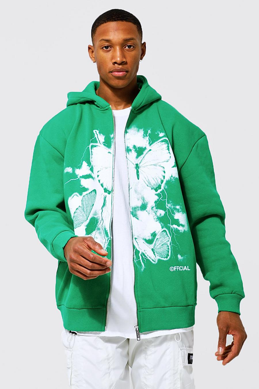 Green vert Oversized Butterfly Print Zip Through Hoodie