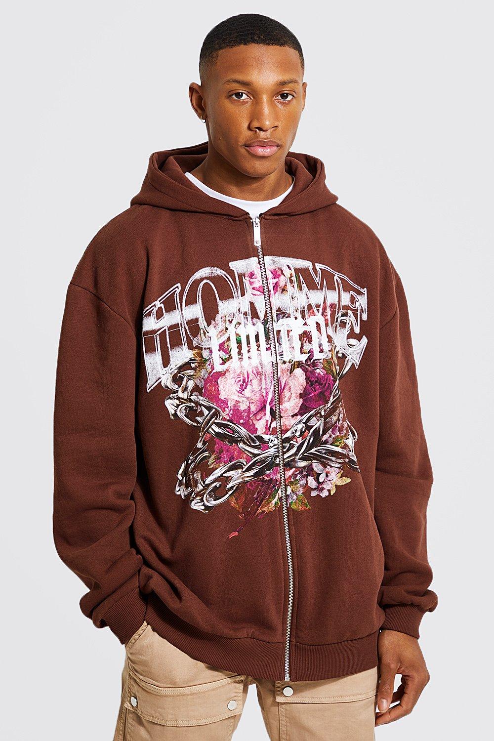 Men's Oversized Floral Homme Print Zip Hoodie | Boohoo UK