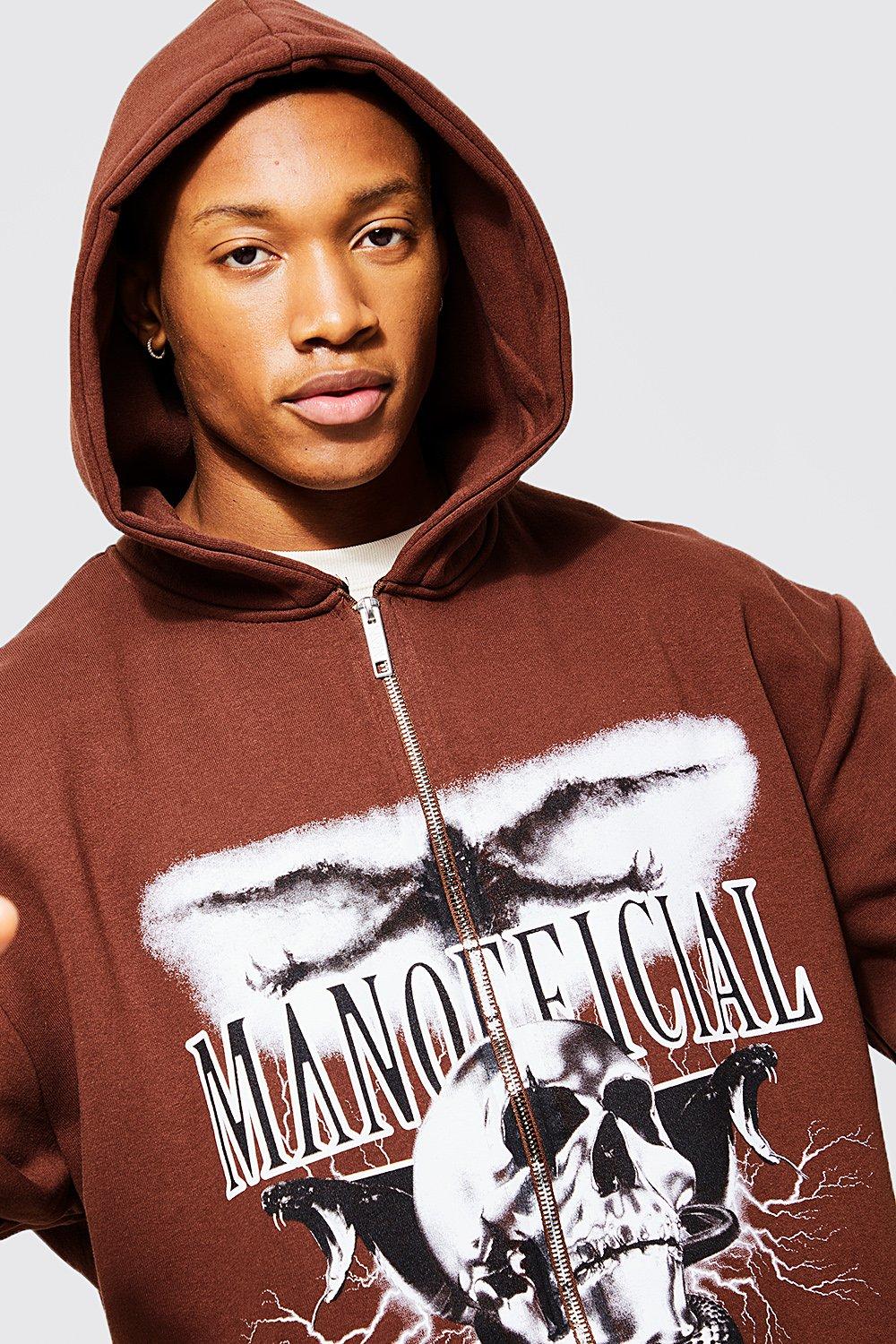 【boohoo】MAN スカル デザイン パーカー Oversized Man Official Skull Print Zip Hoodie | boohoo NO