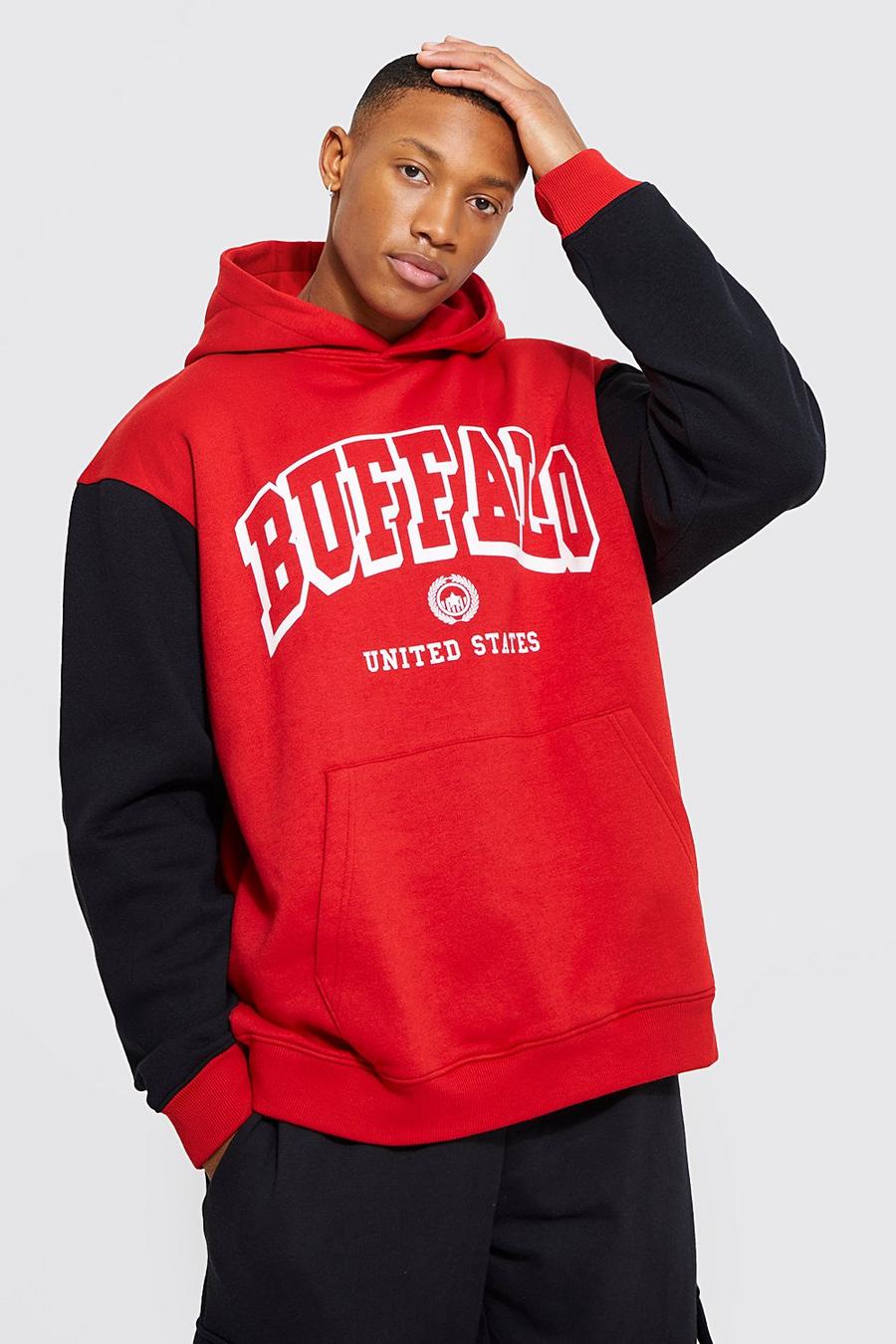 Red Oversized Colour Block Buffalo Hoodie image number 1