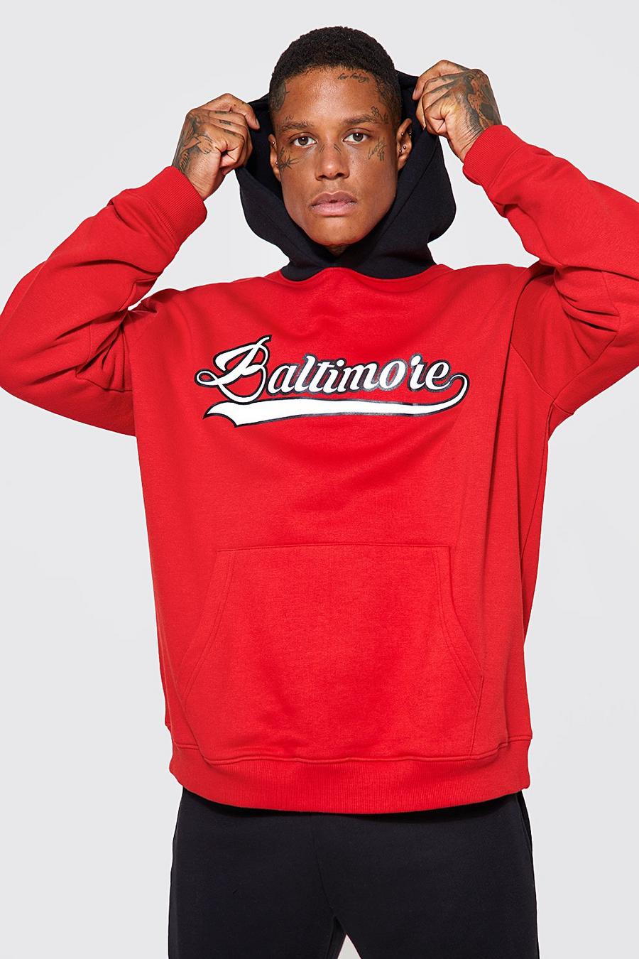 Red Oversized Contrast Hood Baltimore Hoodie image number 1