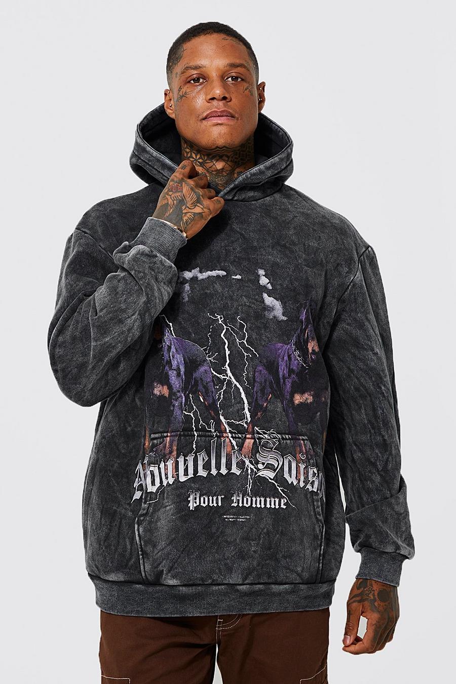 Charcoal Oversized Acid Wash Rottweiler Graphic Hoodie image number 1