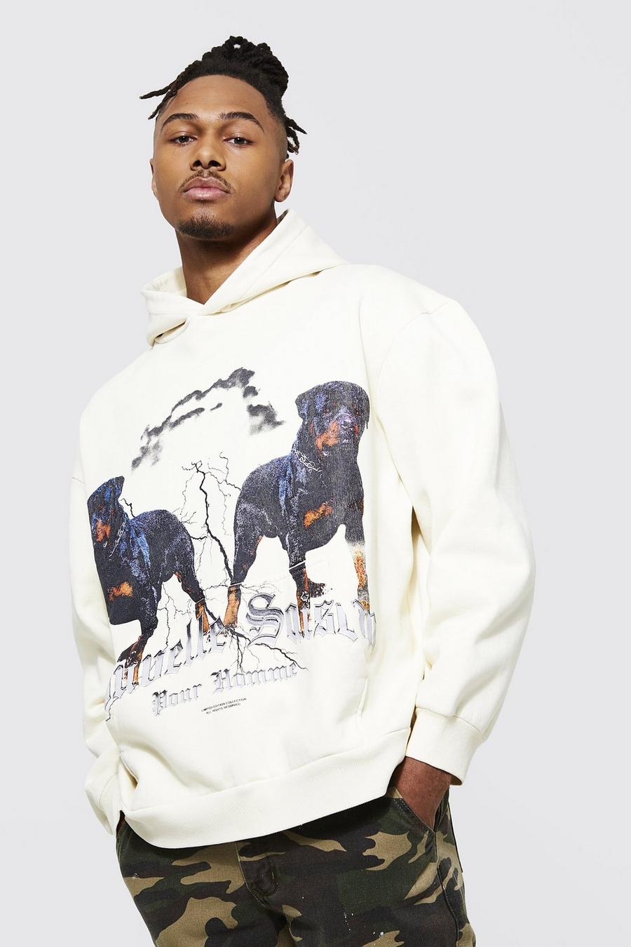Ecru white Oversized Rottweiler Graphic Hoodie