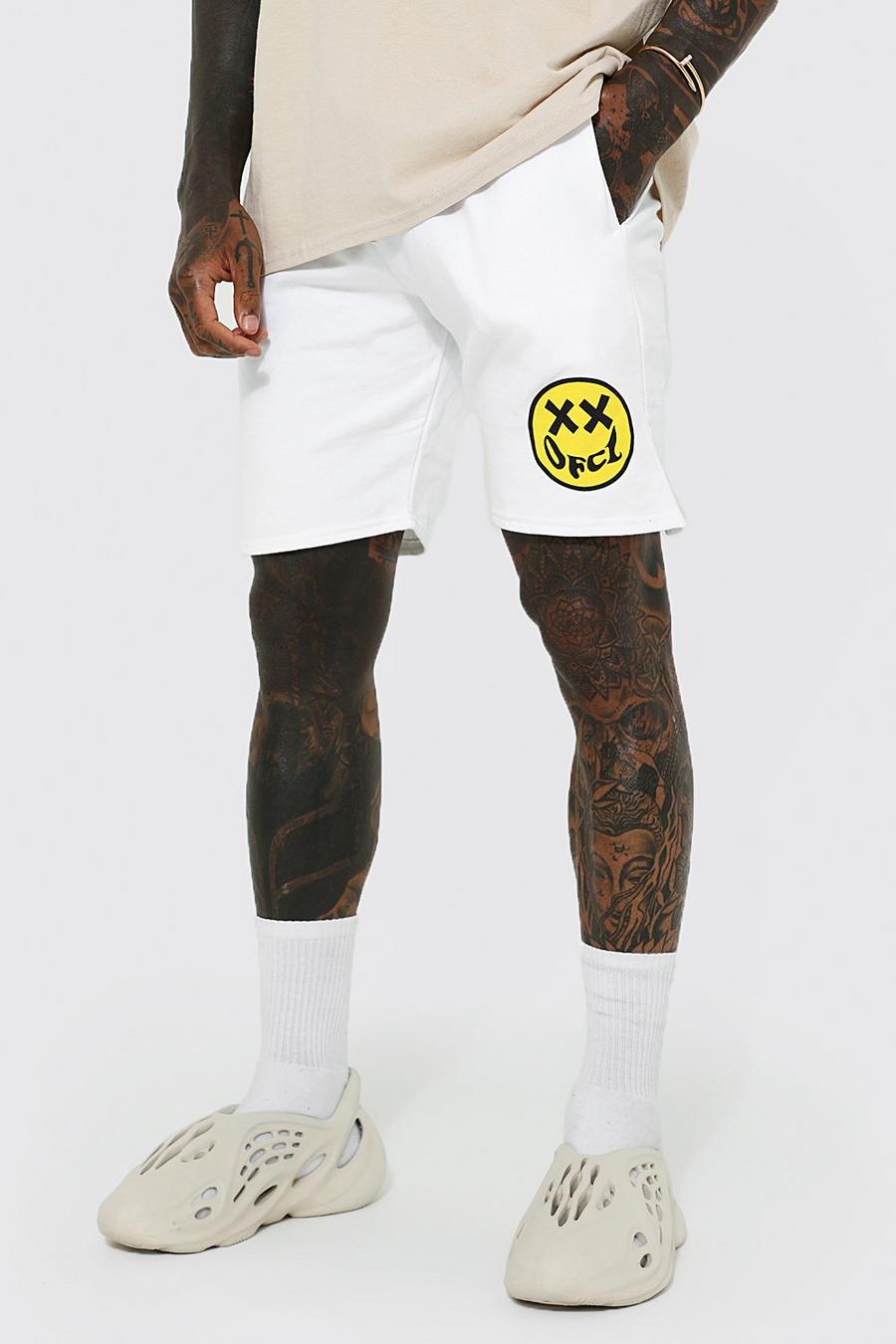 White Slim Fit Mid Ofcl Face Graphic Jersey Shorts