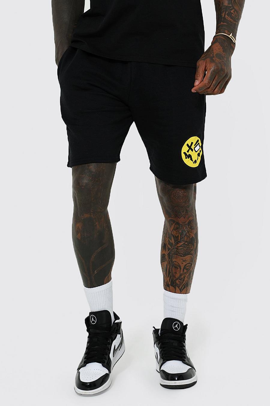Black Slim Fit Mid Length Graphic Jersey Shorts image number 1