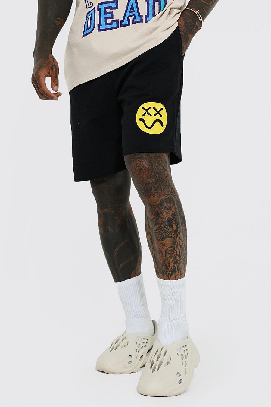 Black Loose Fit Face Graphic Jersey Shorts image number 1