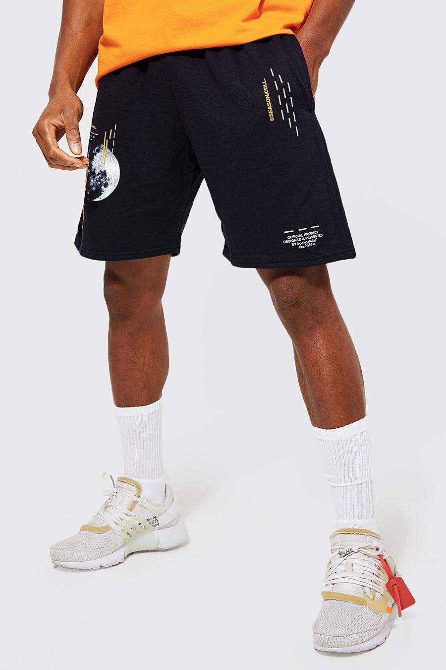 Black negro Slim Fit Space Graphic Jersey Shorts
