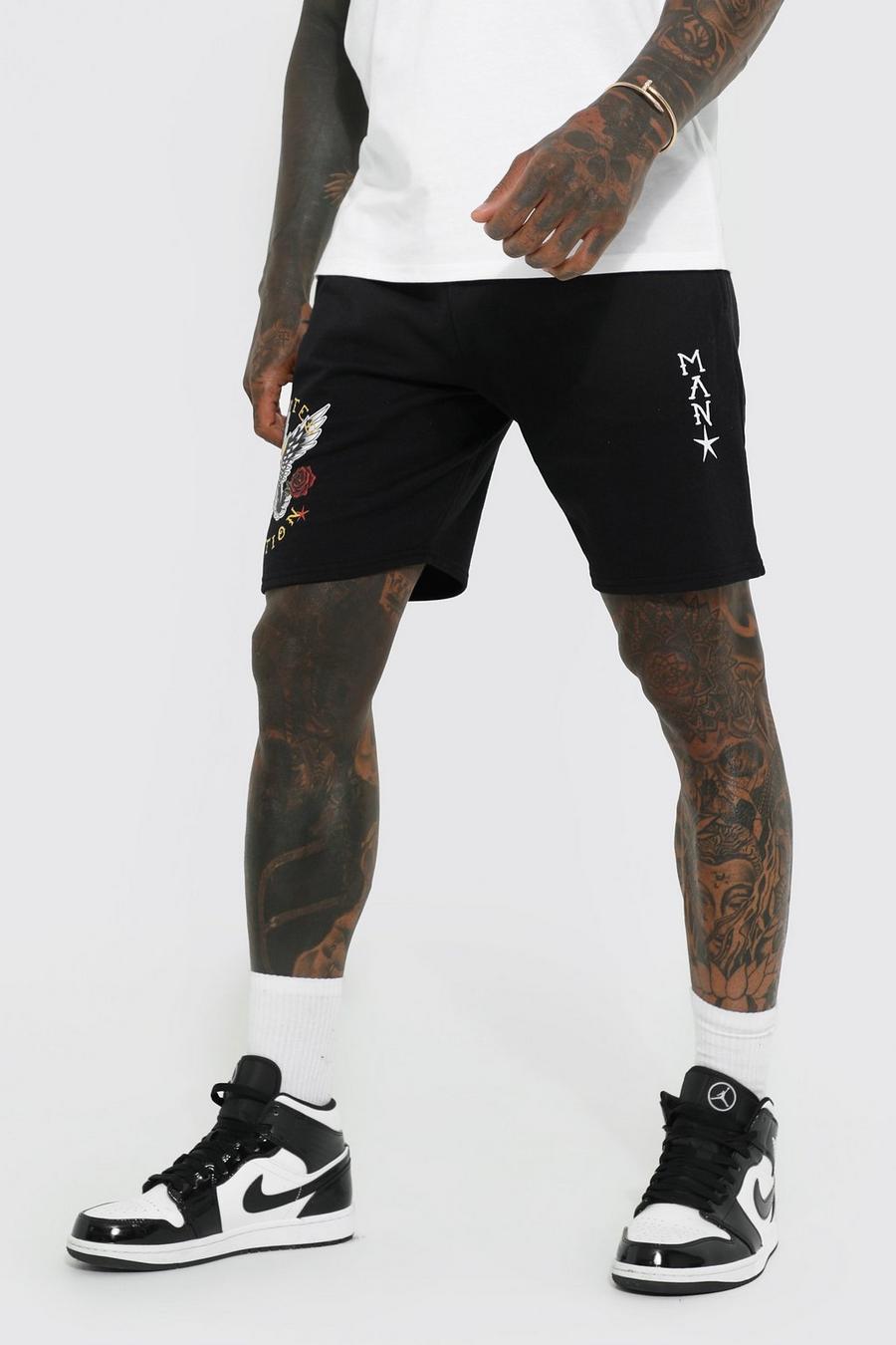 Black Slim Mid Length Eagle Graphic Jersey Shorts image number 1