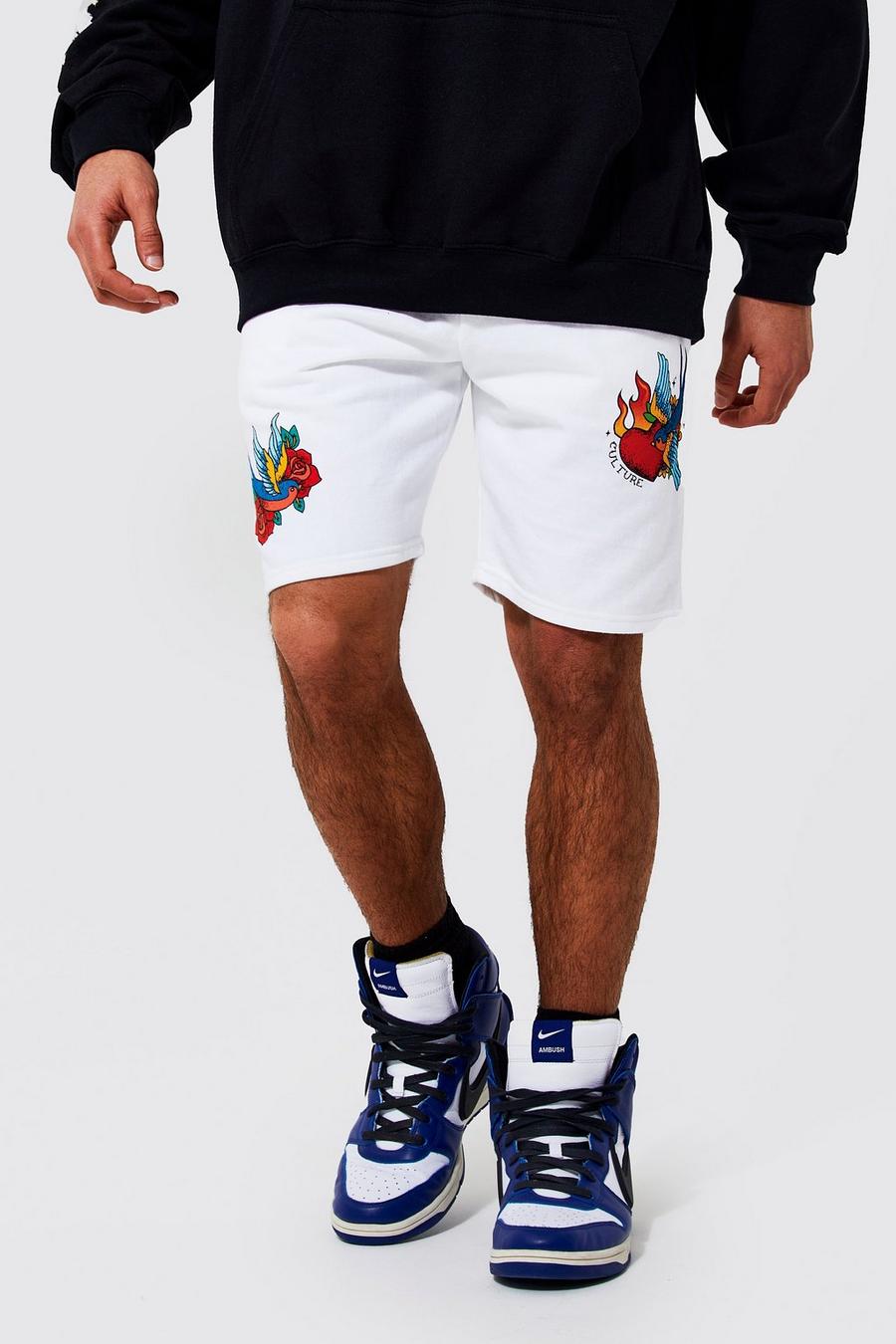 White Slim Mid Length Bird Graphic Jersey Shorts image number 1
