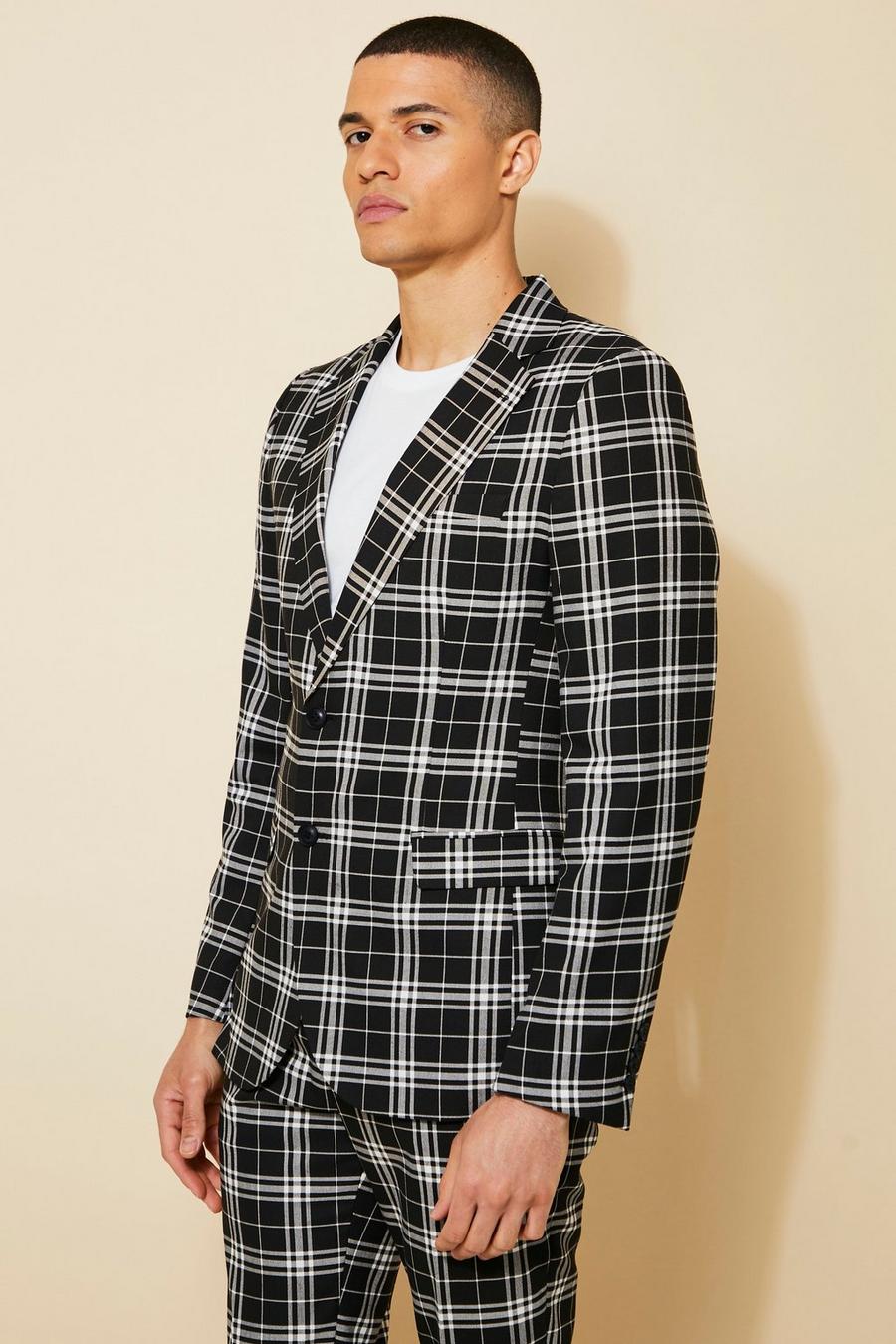 Black  Skinny Single Breasted Check Suit Jacket