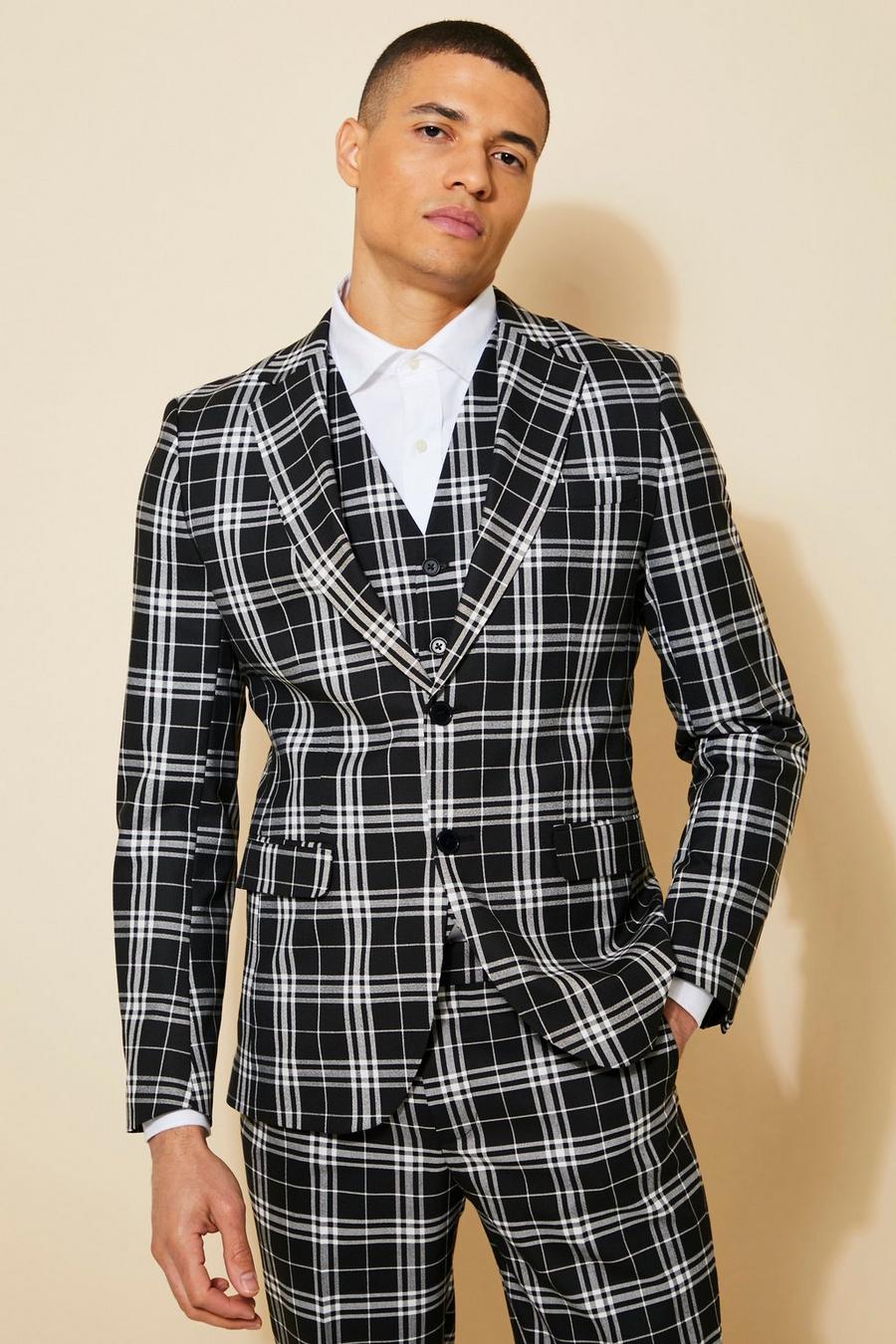 Black  Slim Single Breasted Check Suit Jacket image number 1