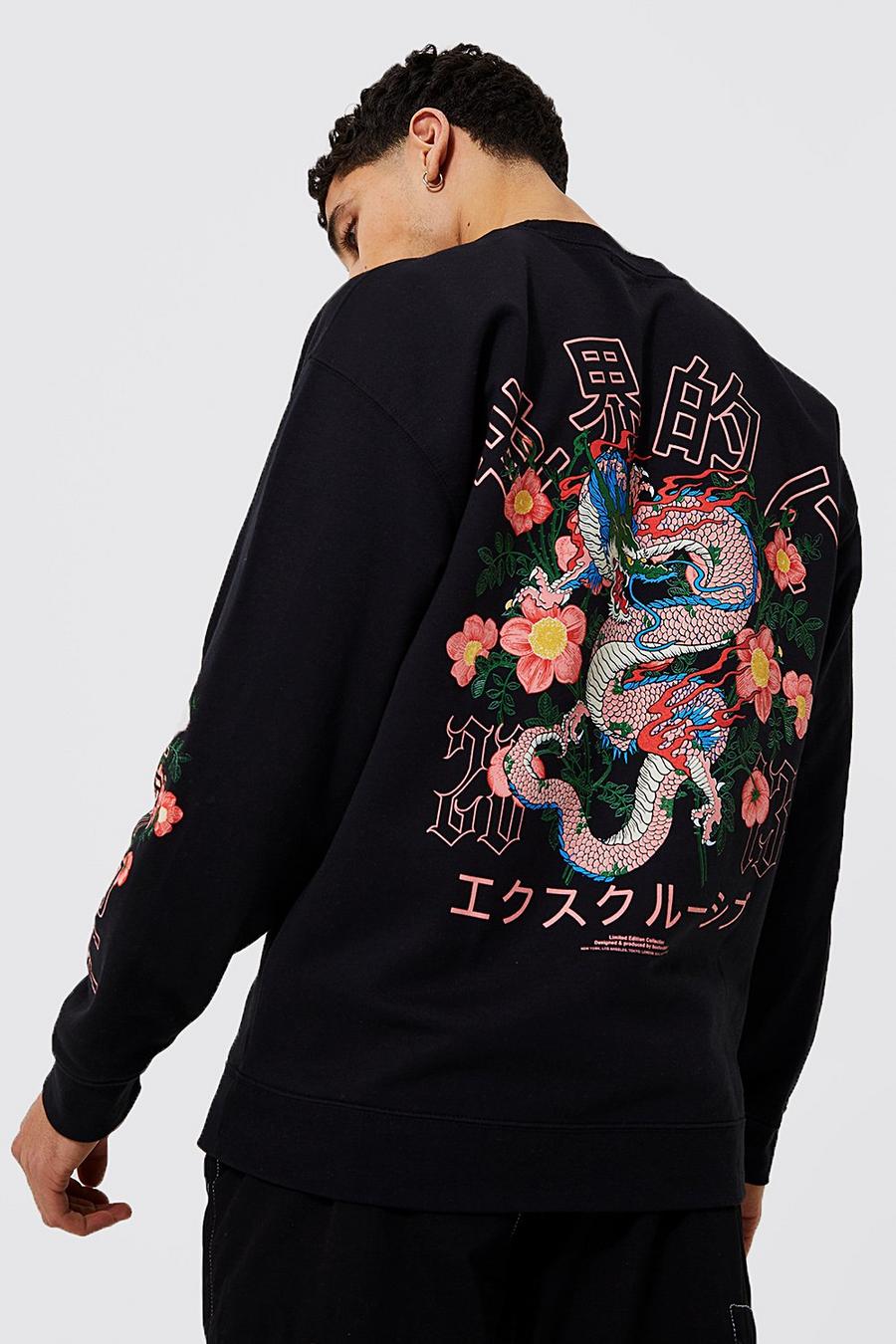 Black svart Oversized Dragon Floral Graphic Sweatshirt