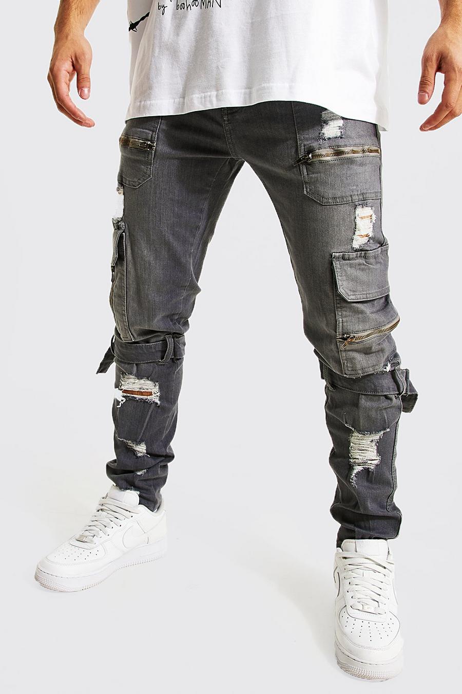 Mid grey Skinny Stretch Zip Multi Strap Cargo Jeans