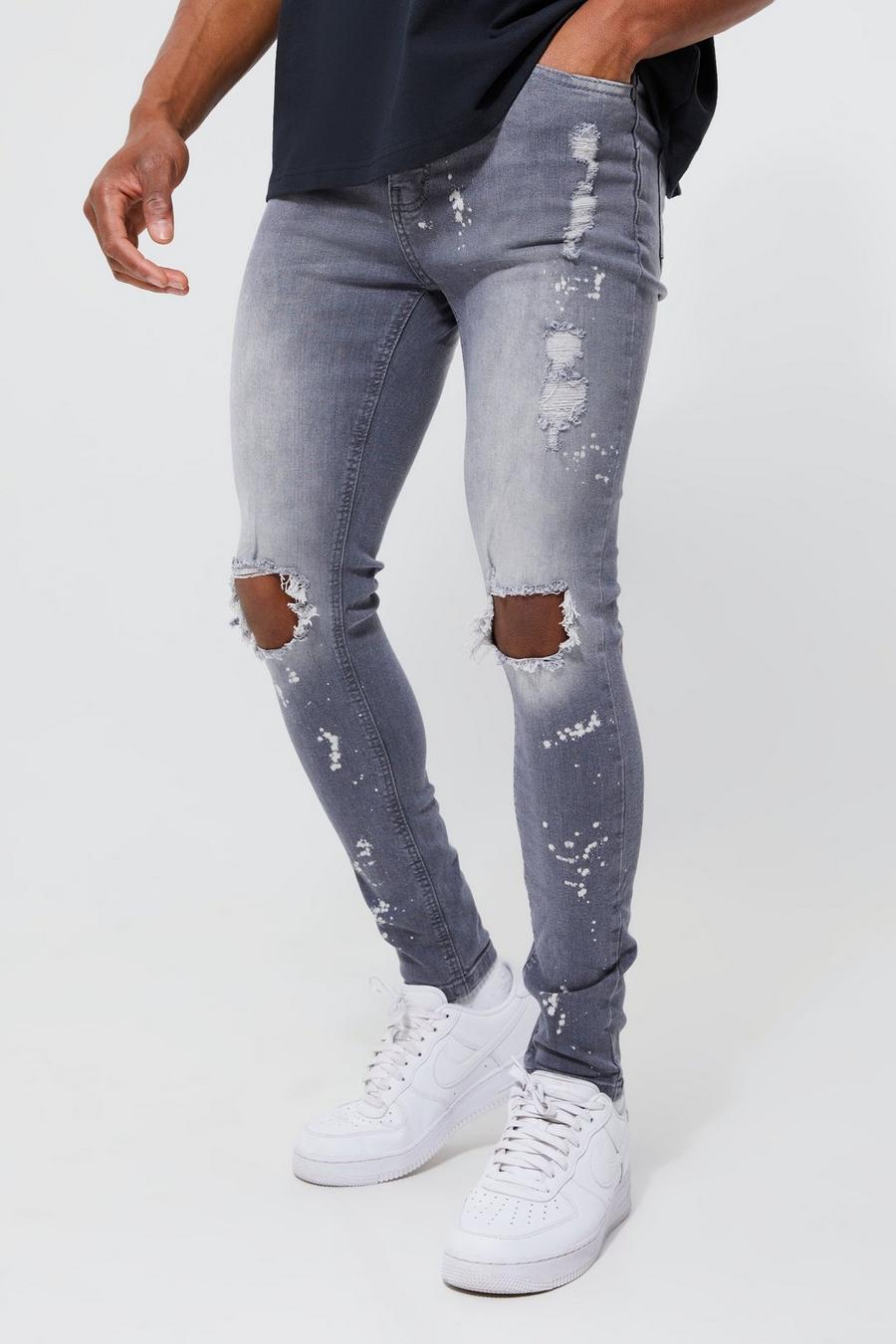 Mid grey Super Skinny Busted Knee Paint Splatter Jeans image number 1