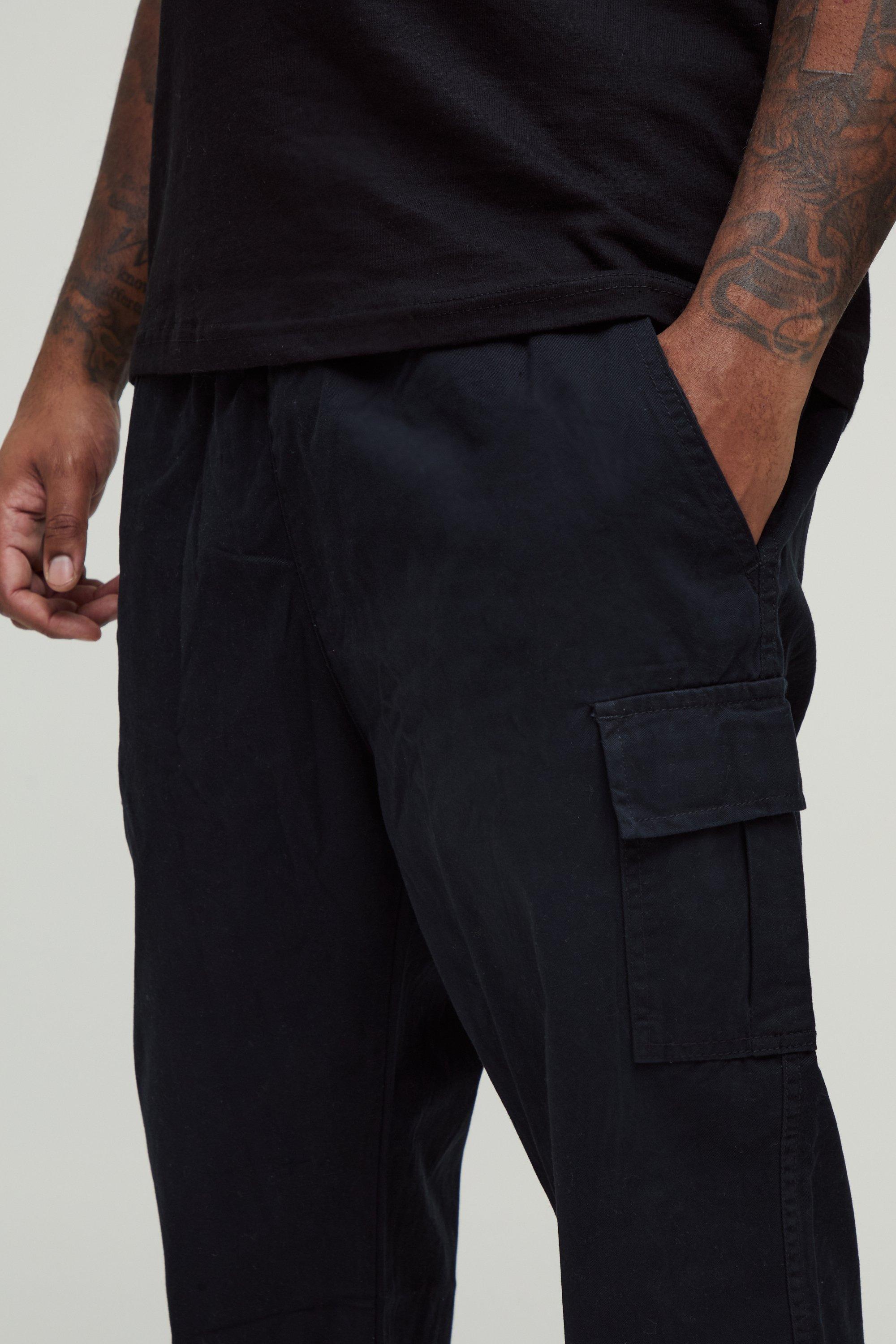 boohooMAN Men s Plus Slim Fit Cuffed Cargo Trousers Black