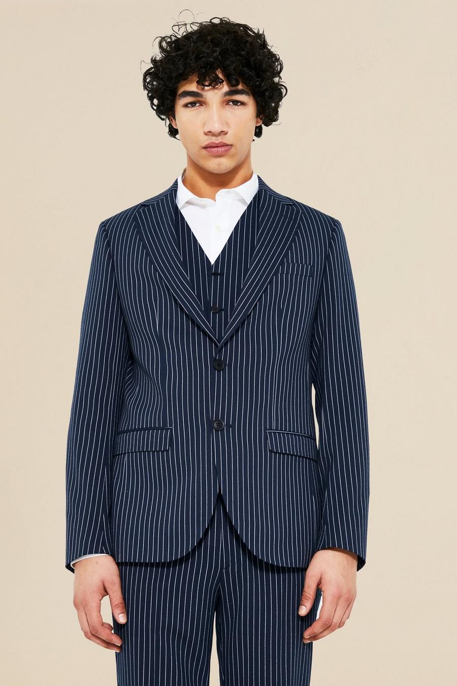 Navy marinblå  Slim Single Breasted Pinstripe Suit Jacket image number 1