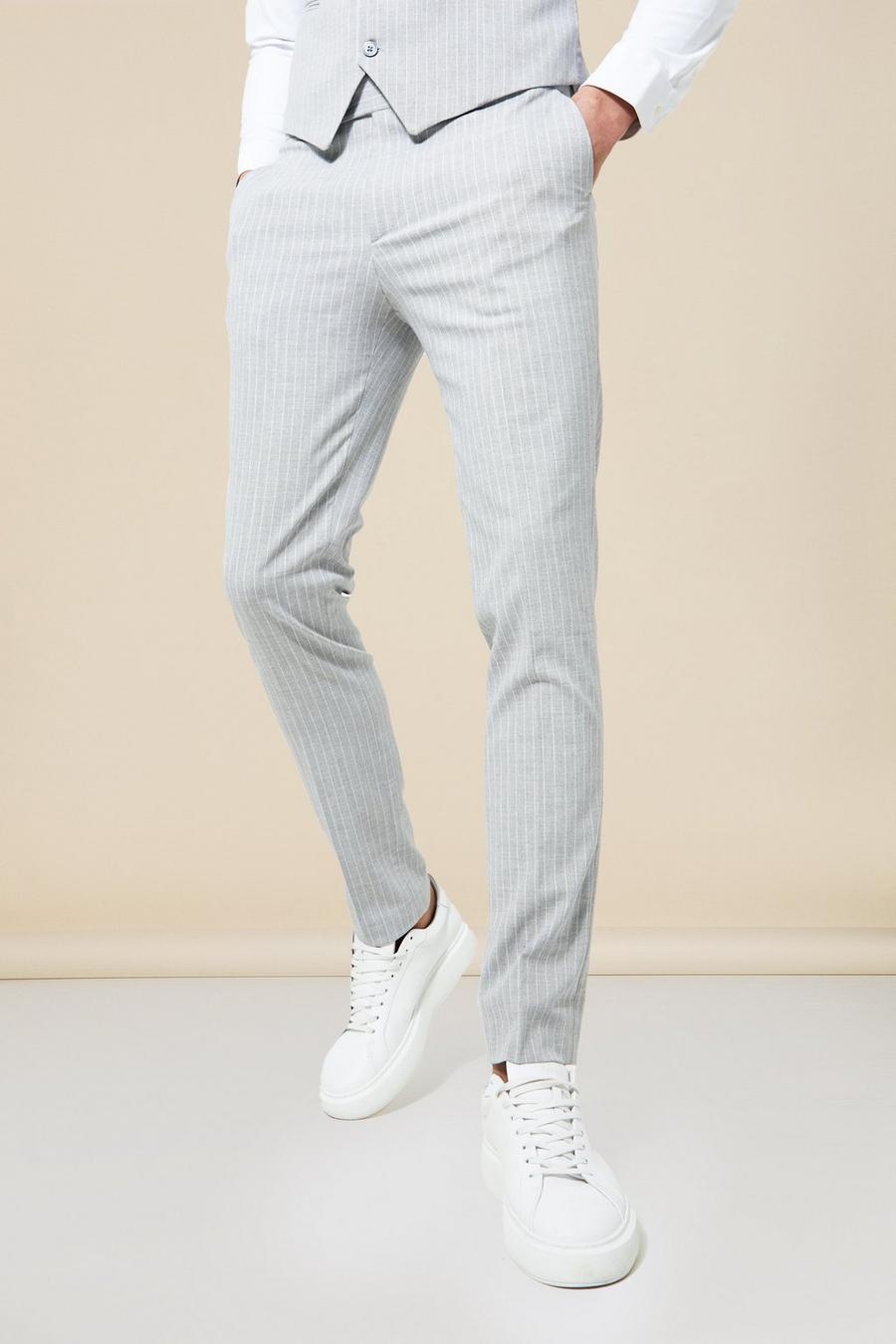 Light grey grå Kritstrecksrandiga kostymbyxor i skinny fit