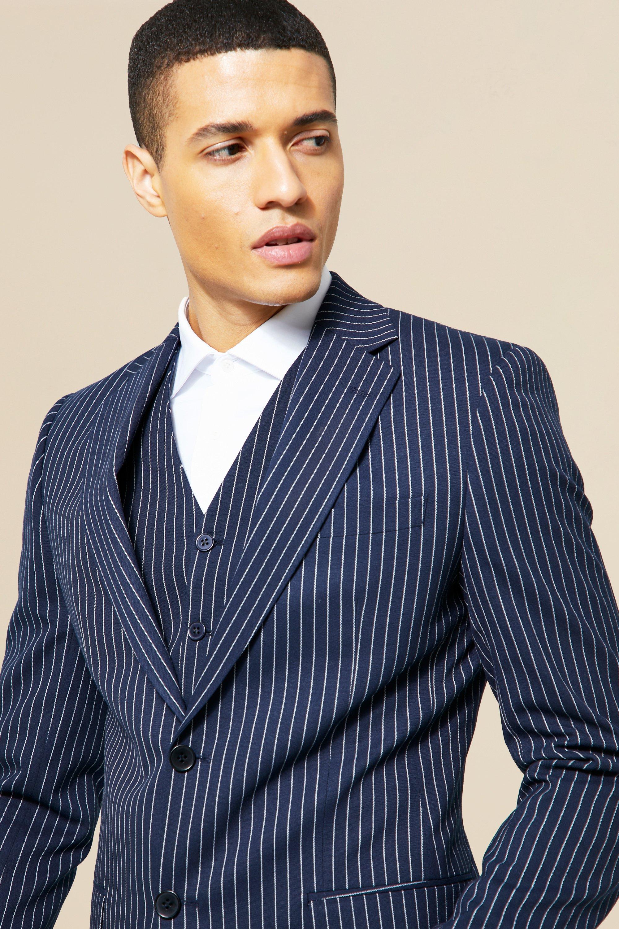 Navy pinstripe jacket sale