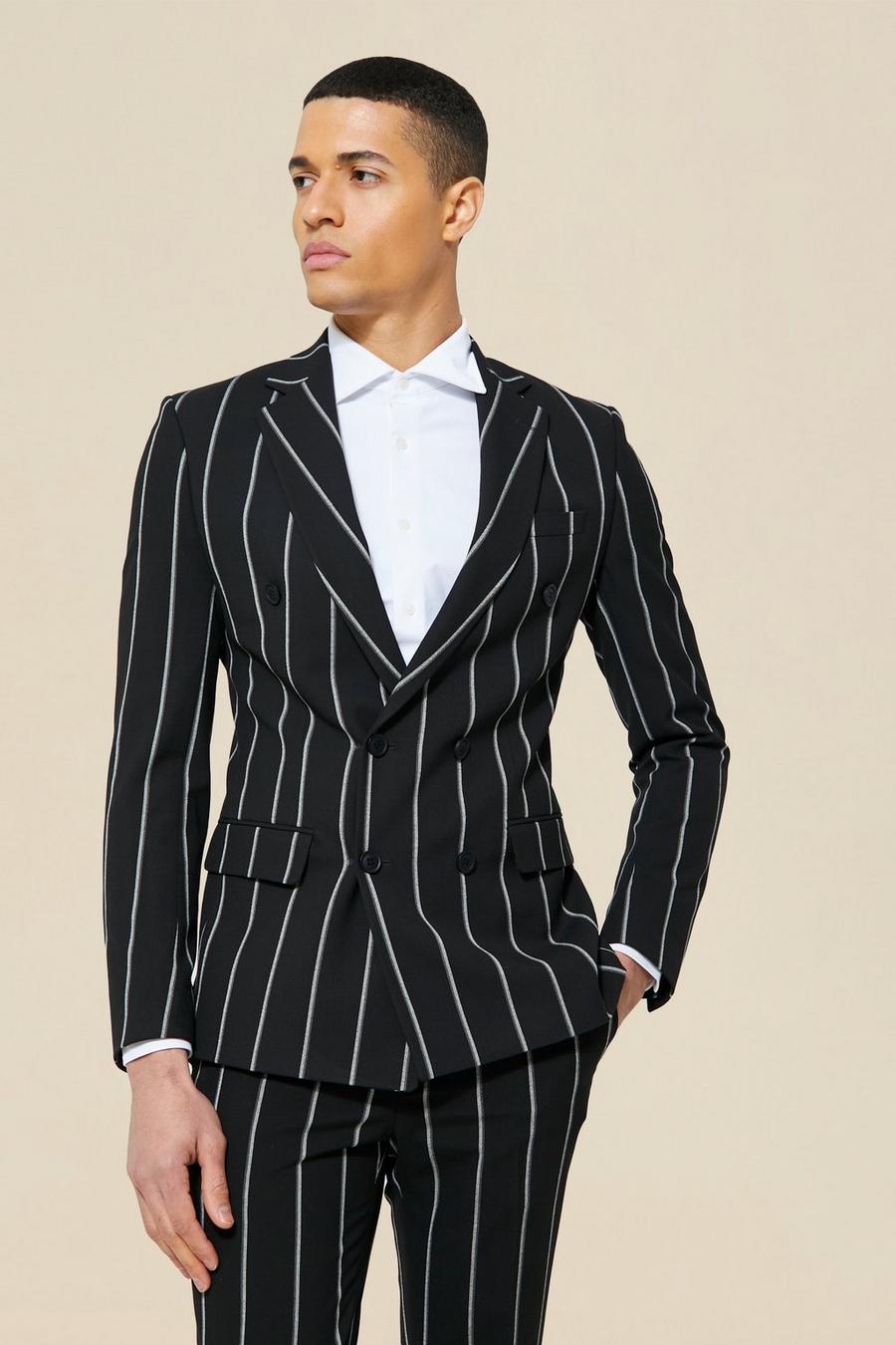 Black  Skinny Double Breasted Suit Jacket image number 1