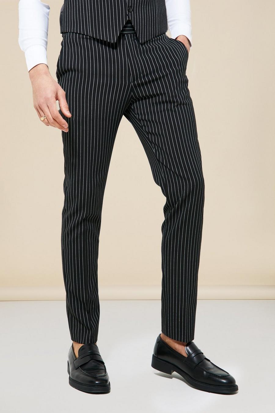 Black negro  מכנסי חליפה בגזרת סקיני עם פסים דקים image number 1