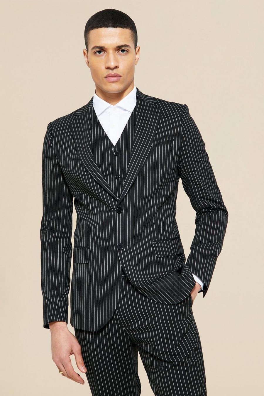 Black  Skinny Single Breasted Pinstripe Suit Jacket