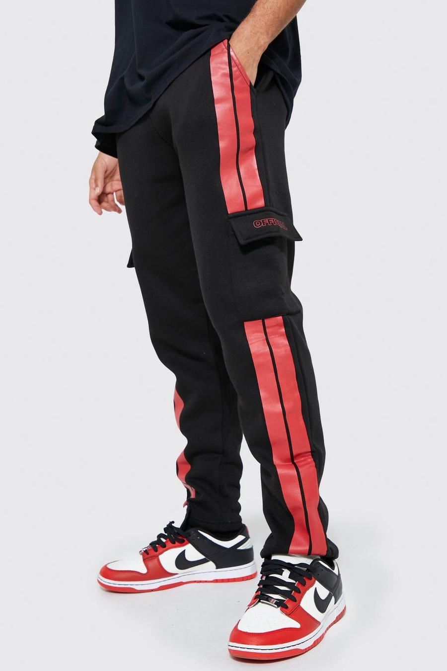 Pantaloni tuta Official stile Cargo Slim Fit con strisce laterali, Black nero