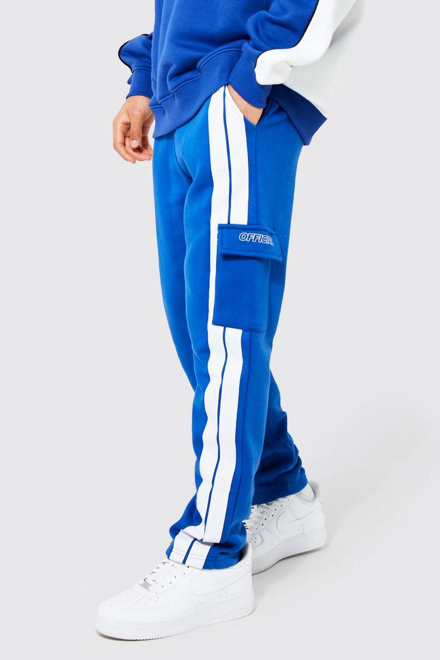 Pantaloni tuta Official stile Cargo Slim Fit con strisce laterali, Blue azul