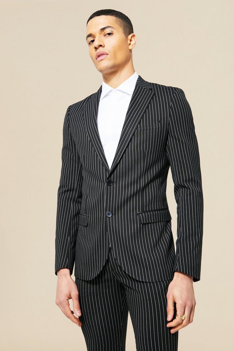 Black schwarz Super Skinny Pinstripe Suit Jacket