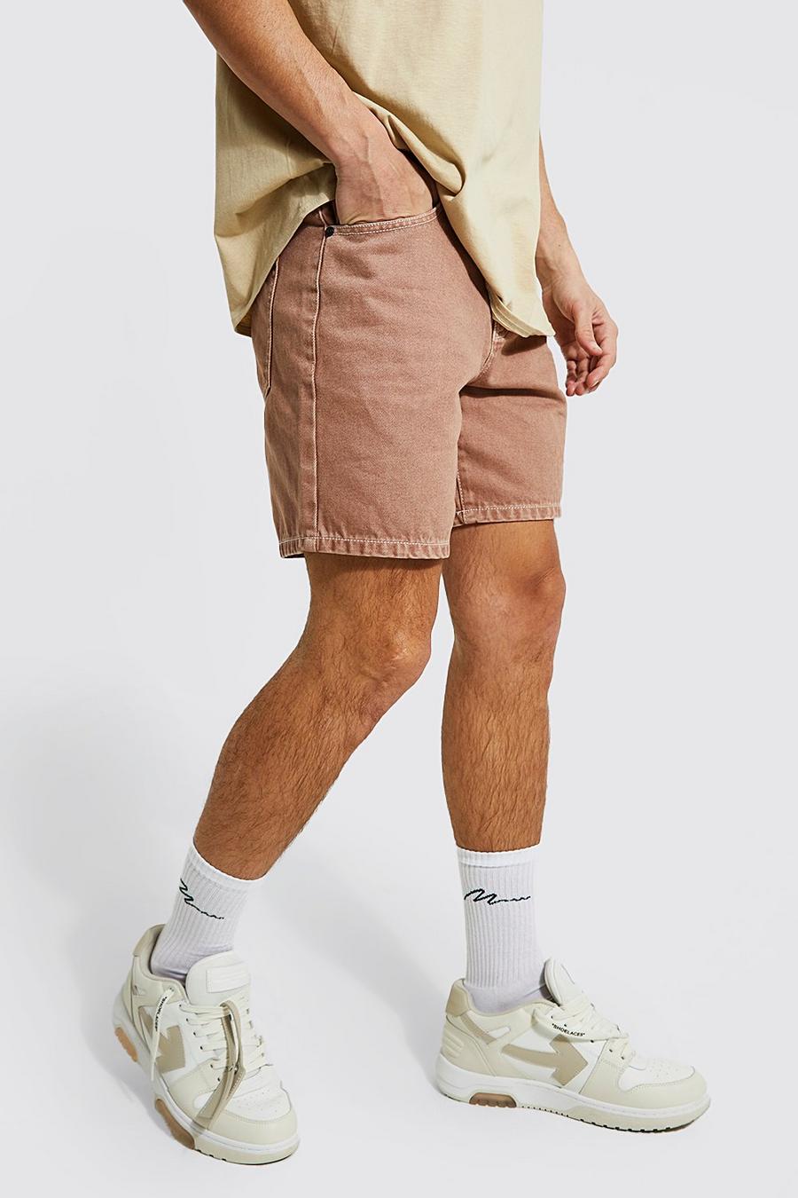 Brown Relaxed Fit Contrast Stitch Denim Short image number 1