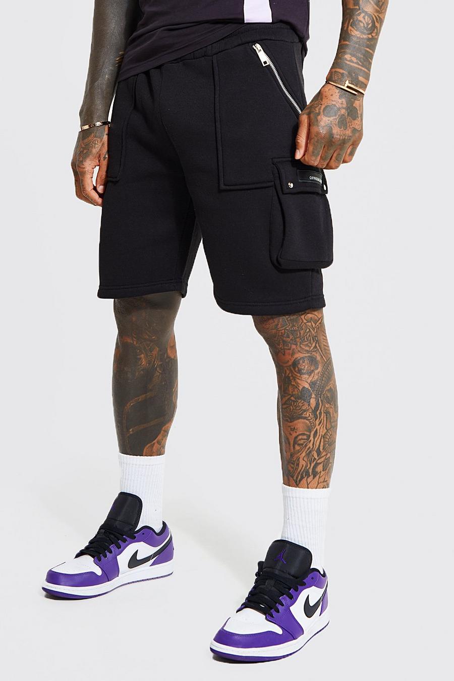 Black Loose Fit Official Cargo Jersey Shorts image number 1