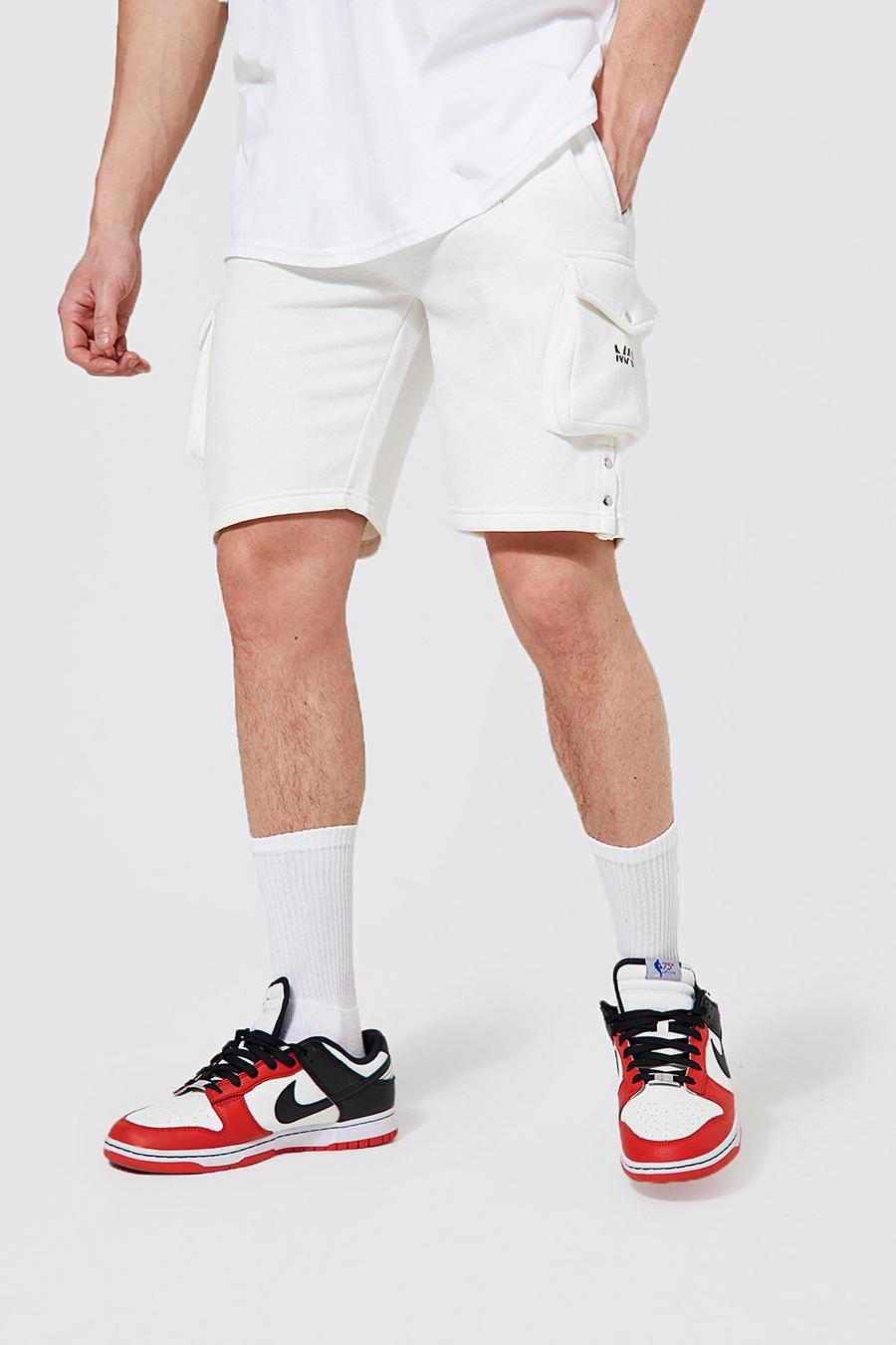 Ecru white Slim Fit Mid Length Cargo Jersey Shorts