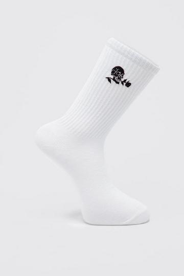 Embroidered Skull And Rose Tube Sock white