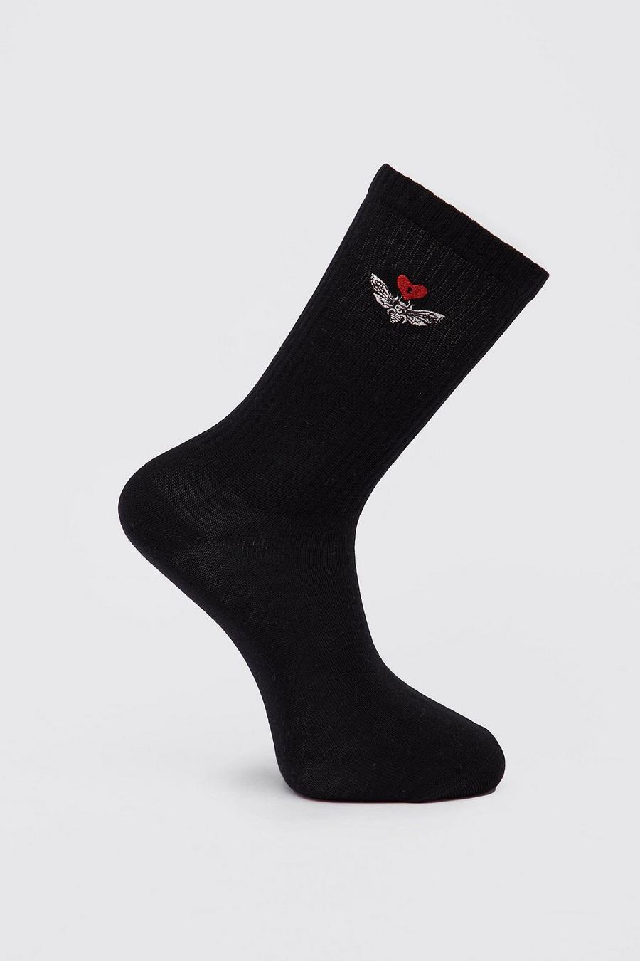 Chaussettes de sport avec cœur et papillon brodés, Black image number 1