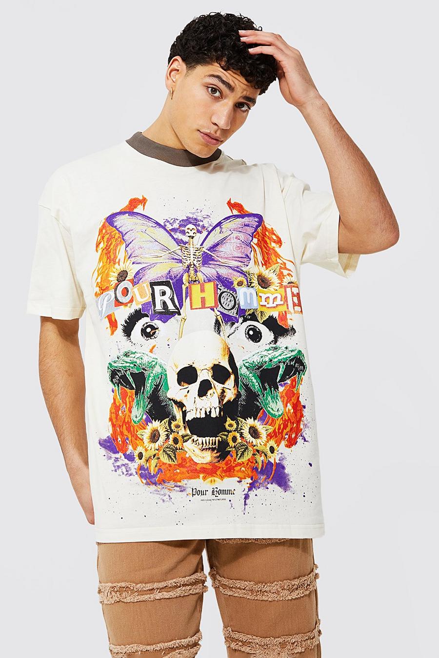Ecru Oversized Homme Skull Graphic T-shirt image number 1