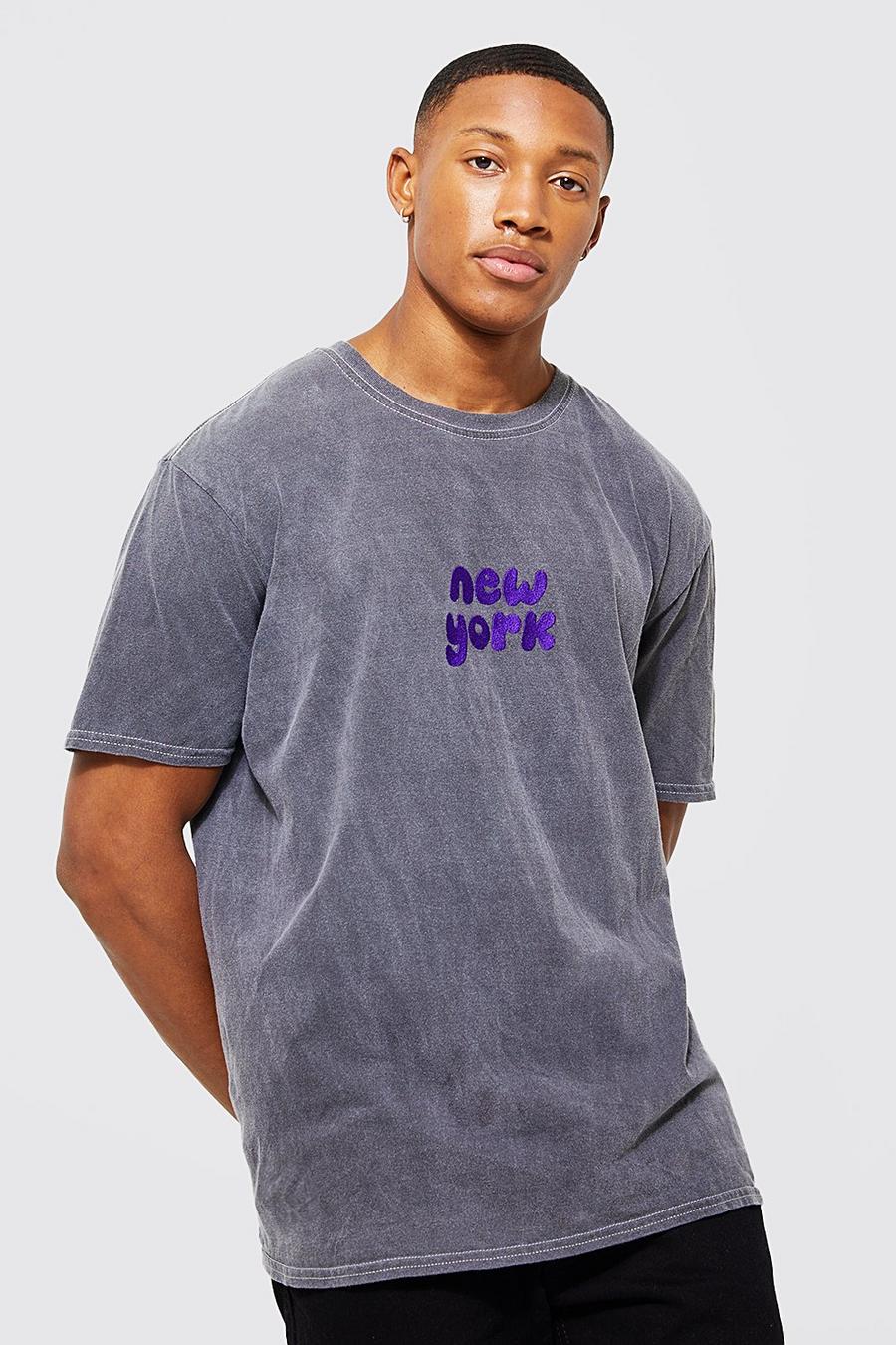 Charcoal grey New York Embroidered Overdye T-shirt