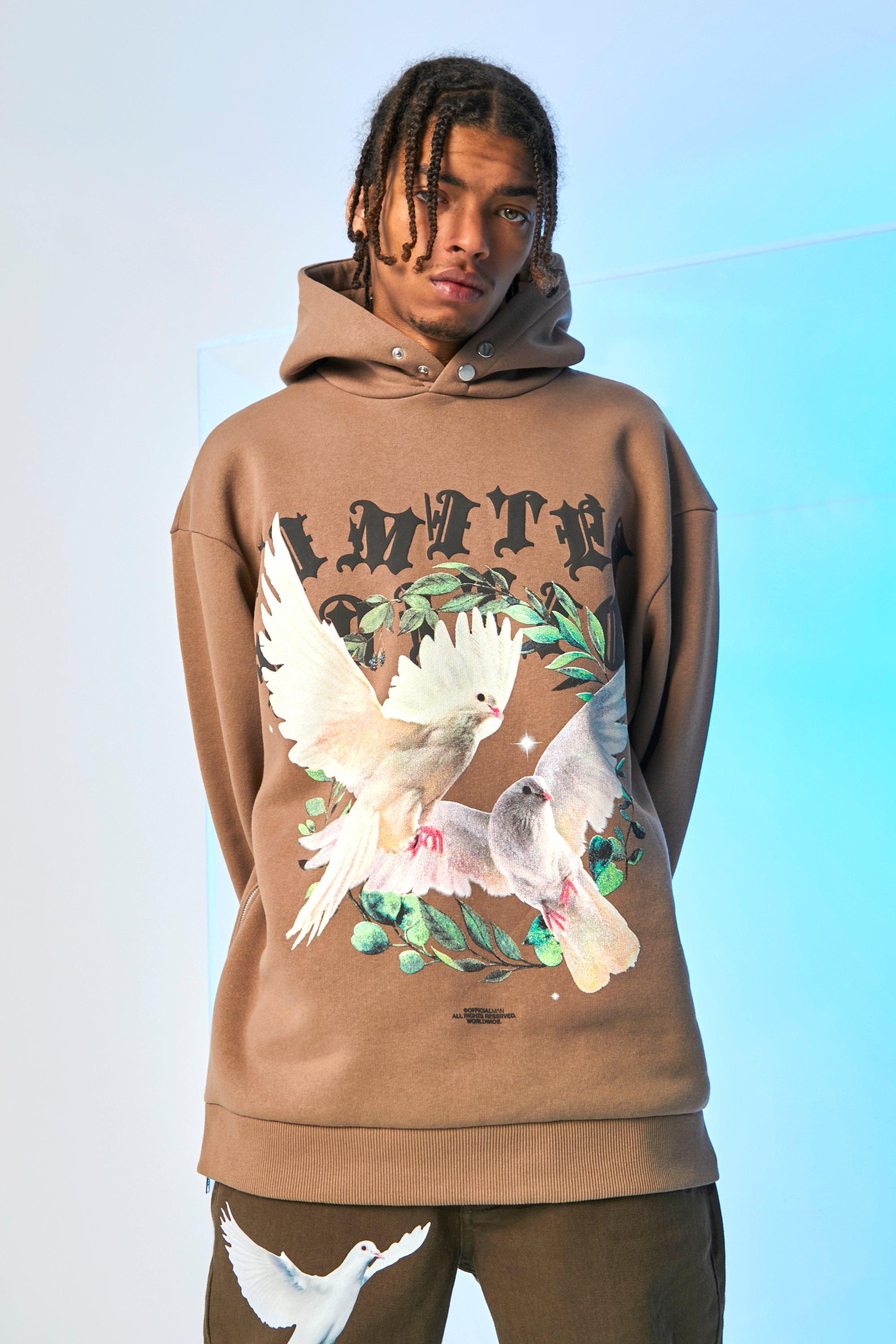 boohooMAN Oversized Dove Graphic Zip Hem Hoodie - Beige - Size S