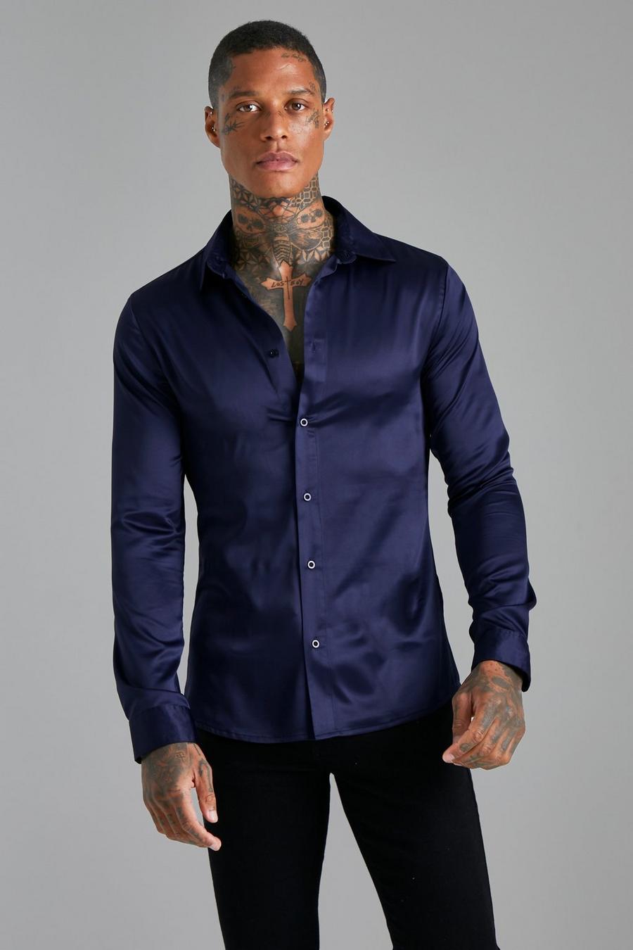Navy Long Sleeve Muscle Satin Shirt image number 1