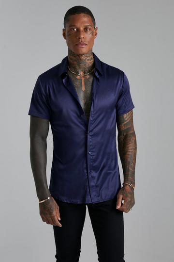 Short Sleeve Muscle Satin Shirt navy