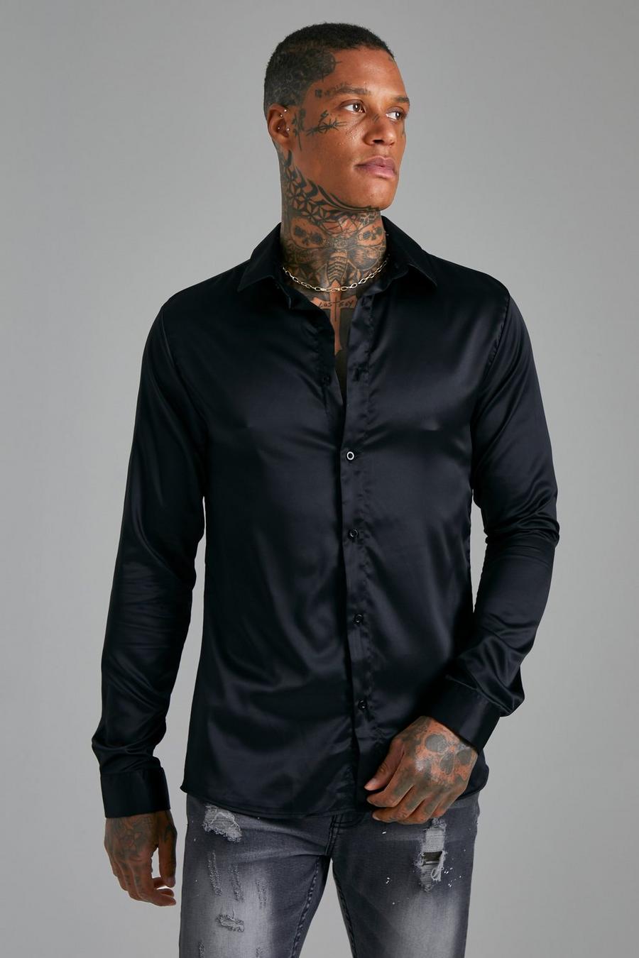 Black Long Sleeve Muscle Satin Shirt image number 1