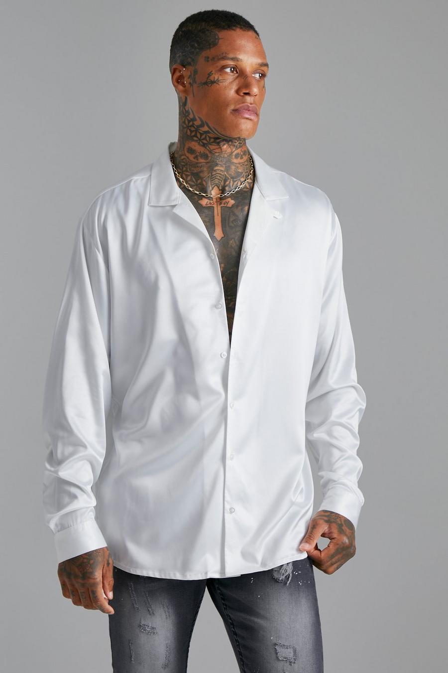 White Long Sleeve Drop Revere Oversized Satin Shirt