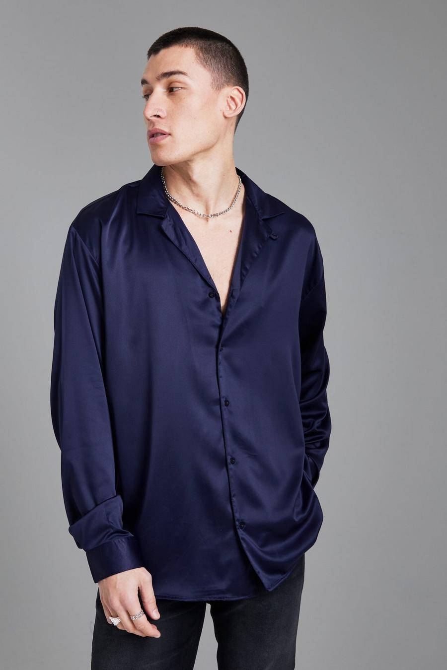 Navy Long Sleeve Drop Revere Oversized Satin Shirt
