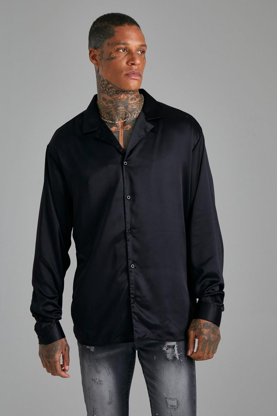 Camisa oversize de raso y manga larga con solapas, Black image number 1